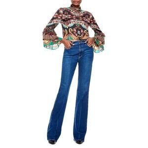 Alice and Olivia Liberty Printed Button-Front Tiered Ruffled Blouse Small